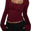 Women Square Neck Lace Long Sleeve Top Y2k Lace Trim Slim Fit Basic Blouse Casual Fall Going Out Trendy Shirts (Small, Wine Red)