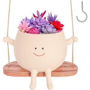 Swing Face Hanging Planter Pot with Drainage Hole - Resin Smiley Flower Pot for Indoor/Outdoor, Pearl Plants & Succulents, for Mothers, Holiday Dcor