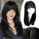 NOSTALGIA Black Straight Layered Wig with Bangs for Women, 4x4 Realistic Scalp, Free Parting, Realistic Natural Looking Heat Resistant Synthetic Wigs for Daily Party Cosplay Use 20Inch