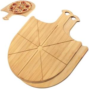 Pizza Peel Wooden, 2 Pack of 12 Inch Pizza Spatula Wood Non-Stick, Bamboo Pizza Paddle as Cutting Board with Cutting Grooves for Easy Pizza and Bread Making