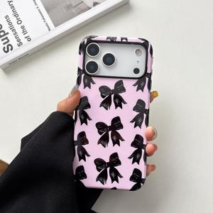 QLTYPRI Case for iPhone 17 Pro Max, Aesthetic Black Ribbon Bow Phone Case for Girls Women, Protective Hybrid 2-Layer Hard Shell Silicone Cover Durable Shockproof Phone Cover - Pink