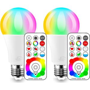 ILC LED Color Changing Light Bulb, 120 Colors, 5700K Daylight White, 70 Watt Equivalent with Remote Control RGBW RGB Daylight and White  Timing Function - A19 E26 Edison Screw (2 Pack)