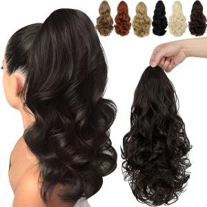 FELENDY Ponytail Extension, 15" Drawstring Ponytail Hair Extensions Wavy Curly Clip in Pony Tails Cute Hairpiece for Daily Use Synthetic Dark Brown