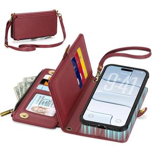TUCCH Detachable Crossbody Case Wallet for iPhone Air 6.5", Wireless Charging | RFID Blocking 9 Card Holders | Lanyard | Wrist Strap | Stand | Zipper Pocket | PU Leather | Magnetic Cover | Dark Red