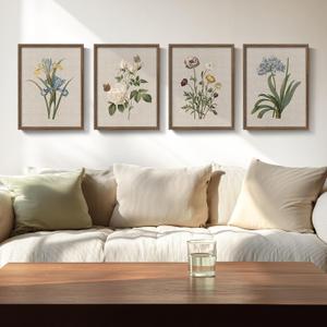 Framed Vintage Botanical Wall Art, 4 Piece Rustic Floral Painting Canvas Prints for Living Room Bedroom Dining Room Kitchen Hallway, Flower Butterfly Pictures for Farmhouse Wall Decor, 12x16 Inch, 12" W x 16" H x 4Pcs