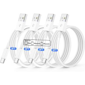4 Pack USB C Fast Charging Cable 3FT For iPhone 17 16 15/17 16 15 Pro/16 15 Pro max/16 15 Plus,USB A to USB C Car Carplay Cord compatible Samsung Galaxy S25 S24, iPad Pro 12.9/11,Air 5th/4th Gen (White) 4 Pack USB C Fast Charging Cable 3FT For iPhone 17 16 15/17 16 15 Pro/16 15 Pro max/16 15 Plus,USB A to USB C Car Carplay Cord compatible Samsung Galaxy S25 S24, iPad Pro 12.9/11,Air 5th/4th Gen (White)