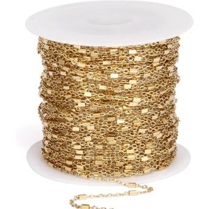 33FT Gold Cable Satellite Jewelry Chains Roll 1.5MM 18K Gold PVD Plated Stainless Steel Satellite Square Beaded Chain Spool Bulk for DIY Jewelry Making