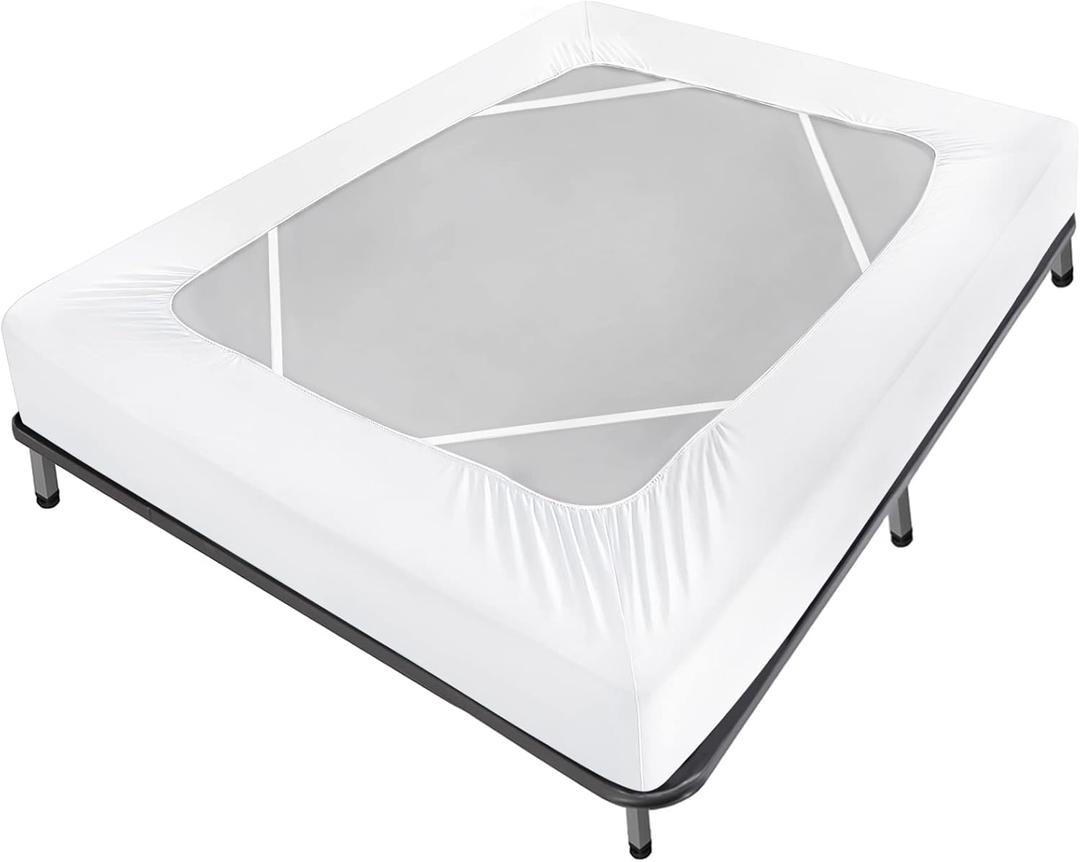 Box Spring Cover Queen Size Bed Skirt Wrap 4 Side of The Mattress, Stretch & Snug Fit, Ultra Soft, Wrinkle Free, Replacing Bed Skirts for Hotel and Home, White