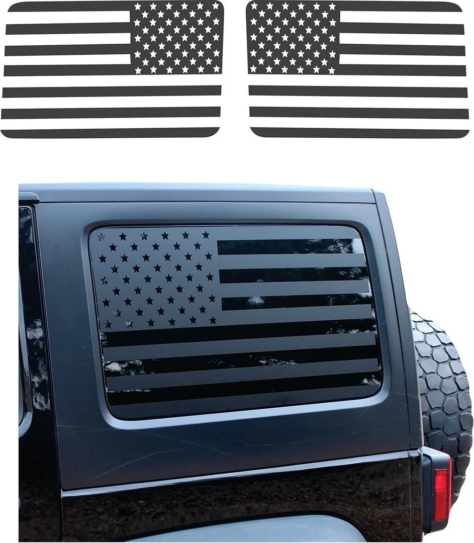 Compatible with Jeep Wrangler JK & JKU (4 Door) 2011  2018 | Precut Rear American Flag Window Decals Sticker | Both Side | Proudly Made in The US | Matte Black (Straight)