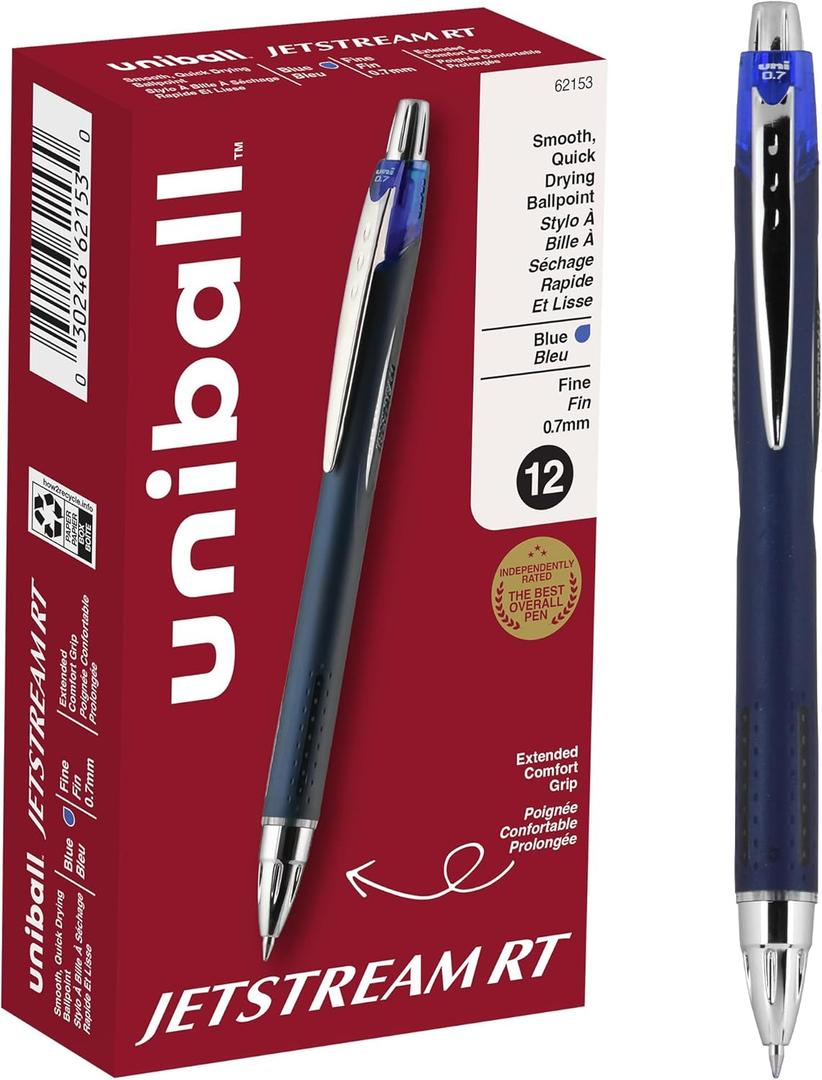 Uniball Jetstream RT Ballpoint Pens, Fine Point (0.7mm), Blue, 12 Pack