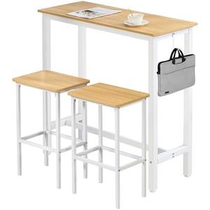 Finnhomy Bar Table Set, 39.3" Pub Table High Top Table, Rectangular Bar Height Table, Bar Table with Stools, Kitchen Table Set for 2, Breakfast for Kitchen, Living Room, Oak Beige and White