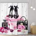 Riyidecor Pink Shower Curtain 72Wx72H Inch Fashion Girly Modern Marble Magazine Book White Rose Flower High Heel Makeup for Girls Bathroom Decor Fabric Polyester Waterproof 12 Pack Hooks (J-black Pink)