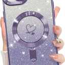 Bonoma Compatible with iPhone 15 Case Support for MagSafe, Plating Heart Glitter Magnetic 2* Screen Protector TPU Camera Protection Back Cover for Girls Women -Purple