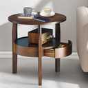 Round Coffee Table with Storage and Hidden Drawer - 20" D x 20" H Natural Wood Side Table with Sliding Drawer, Small Coffee Table for Living Room, Round Nightstand with Drawer, Dark Brown
