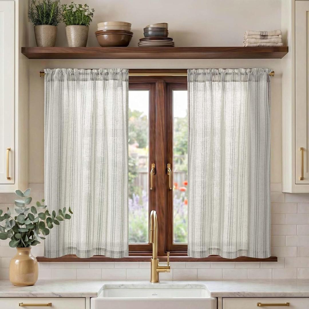 jinchan Gray Striped Linen Kitchen Curtains 45 Inch Cafe Tier Curtains Balanced Stripe Farmhouse Small Drapes for Bathroom Laundry Over Sink Half Window Light Filtering 2 Panels Grey on Linen