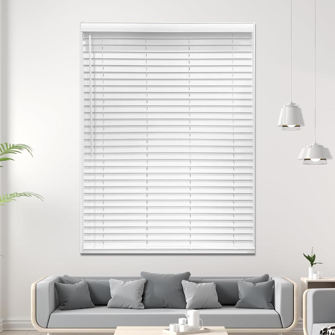 Cordless Faux Wood Blinds 43" W x 40" H, 2 Inch Slat Horizontal Windows Blinds with Double Arc Valance, Room Darkening, White Blinds for Home Interiors.