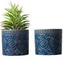 MyGift 4 Inch Cobalt Blue Ceramic Indoor Small Planter Vase, Succulent Plant Pot with Embossed Design and Solid Bottom, Set of 2