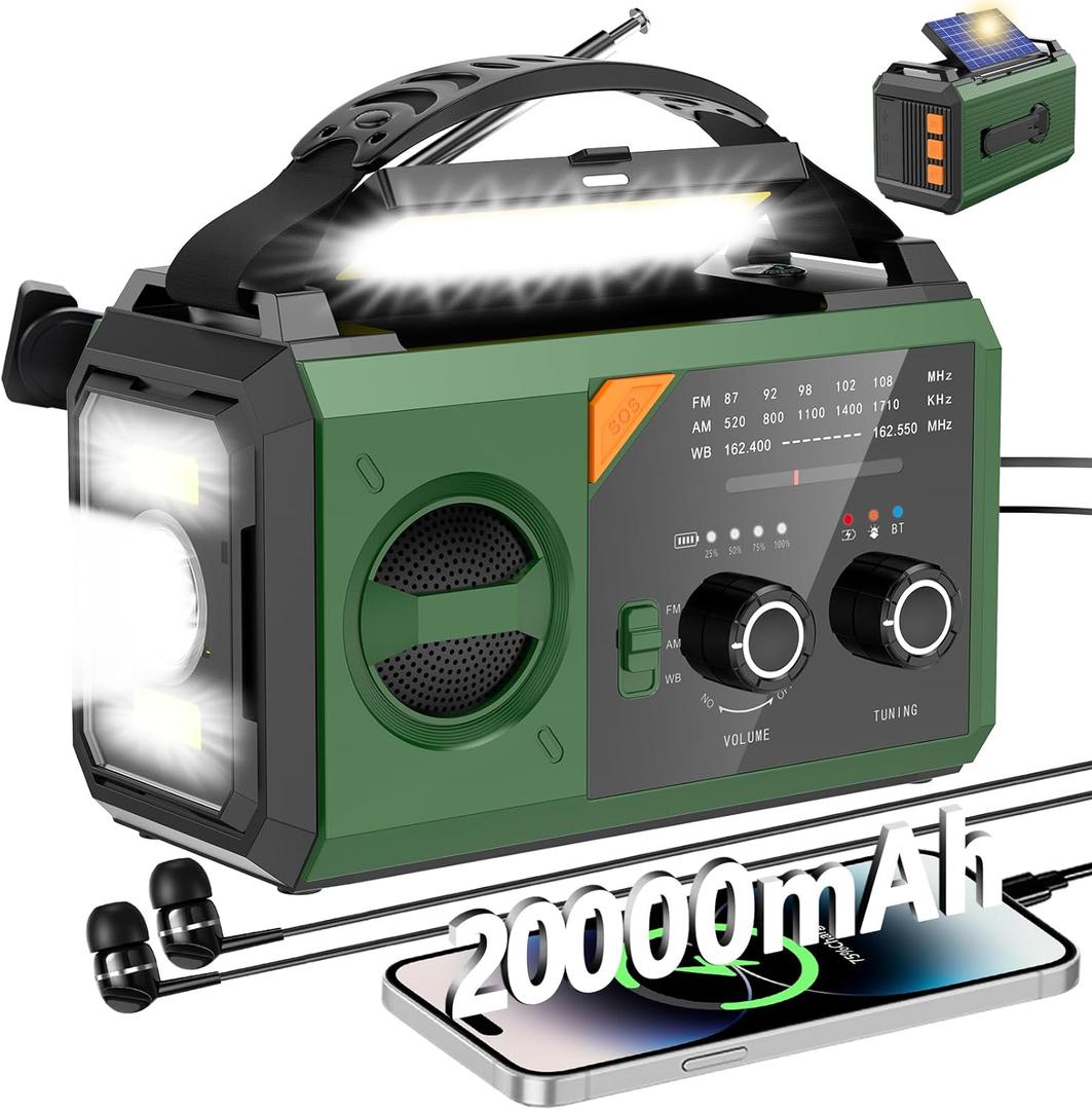 Hand Crank Emergency Radio - 20000mAh/74000mWh Solar Portable Weather Radio AM FM NOAA with 3 Mode Flashlight & Reading Lamp, Headphone Jack, Cell Phone Charger, SOS for Emergency, Dark Green