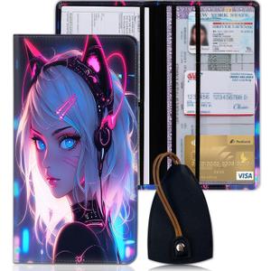 Car Registration and Insurance Holder, Vehicle Glove Compartment Organizer with Magnetic Closure, Women's PU Leather Car Paperwork Organizer, Driver License for Man, Cat Night Starry Art Pattern