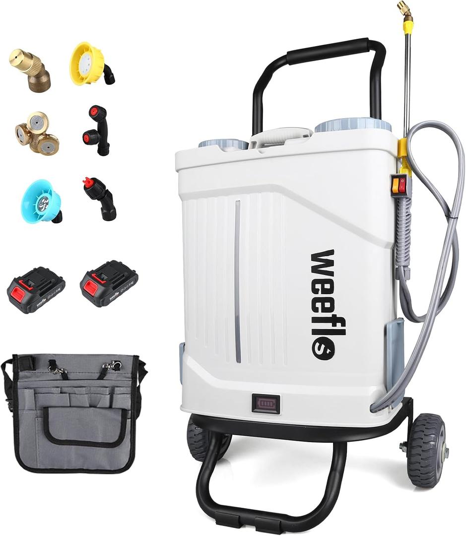 Battery Powered Backpack Sprayer,4 Gallon Electric Sprayer with Wheeled Cart, 100 PSI High Pressure, 2X 21V Rechargeable Batteries,Garden Sprayer for Outdoor Cleaning & Washing