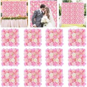 Pink Flower Wall Backdrop 12 Pcs Artificial Flower Wall Panels Silk Rose Flowers for Backdrops Pink Artificial Floral Backdrop Walls for Birthday Party Wedding Decor