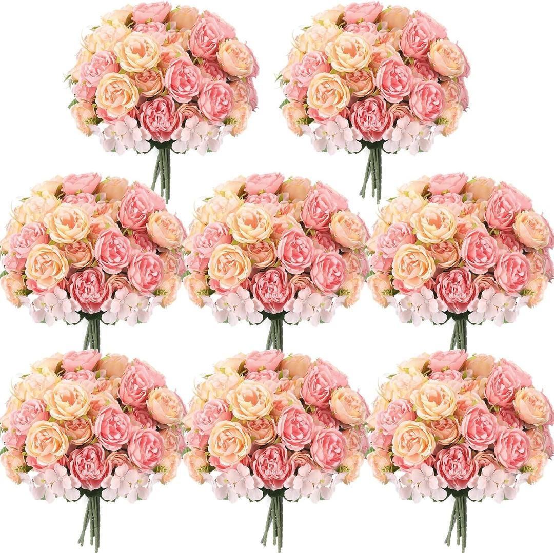 Geosar 8 Bundles Artificial Peonies Flowers Fake Silk Peony Bouquet Faux Peonies Flowers Bulk for Decoration Vase Floral Arrangements Wedding Party Table (Pink,Yellow)