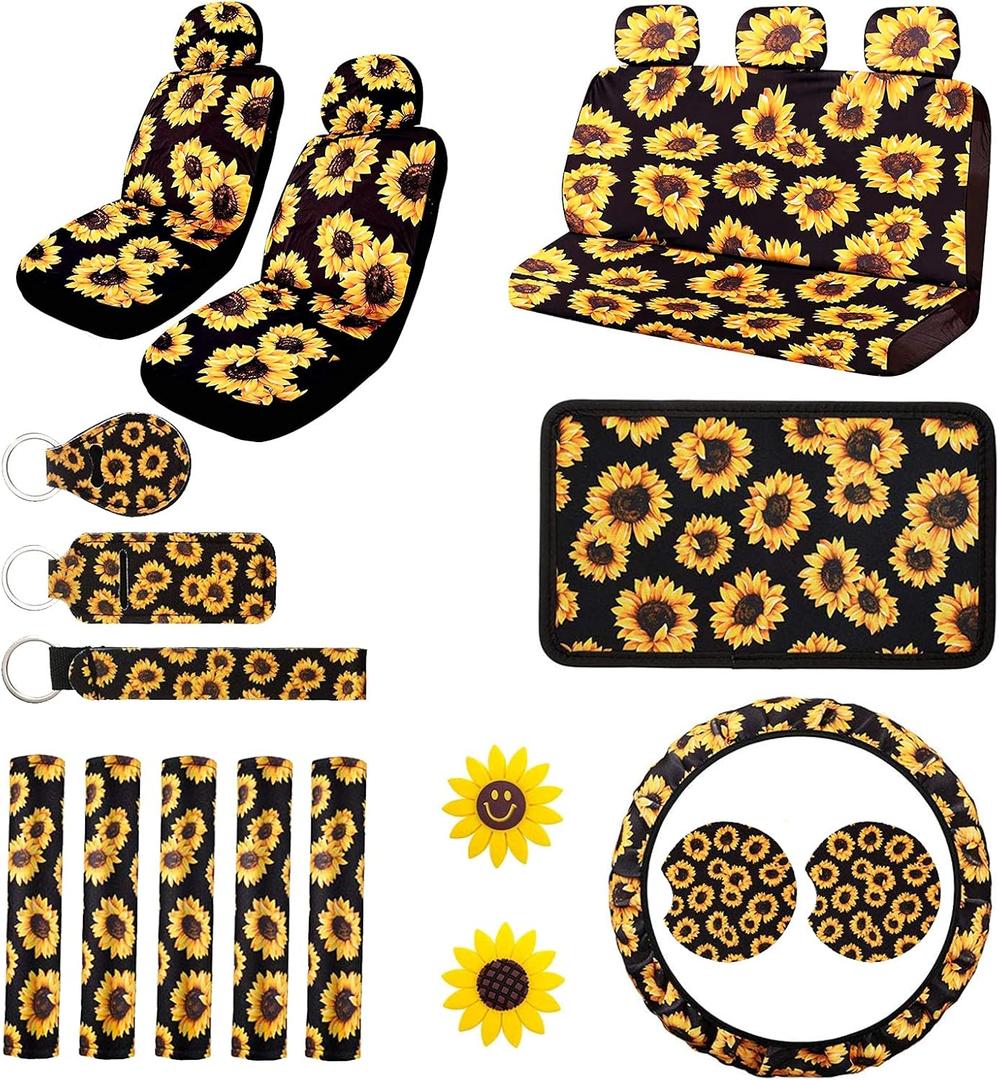 Sunflower Car Accessories Set 23pcs Car Sunflower Steering Wheel Cover,Seat Covers, Seat Belt Covers,Center Console Armrest Pad,Cup Holder Coaster,Keychain, Lanyard,Vent Decor
