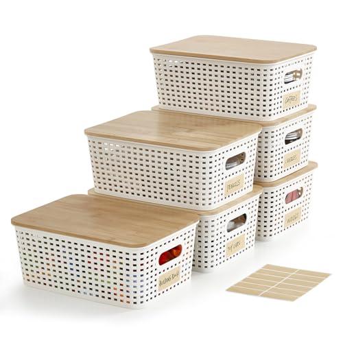 Bagnizer Small Plastic Storage Bins with Bamboo Lids 5.2qt Stackable Box Basket Pantry Decorative Containers Cute with Labels for Organizing Desktop Closet Office Cream White of 6 packs 10*7.2*4.1"