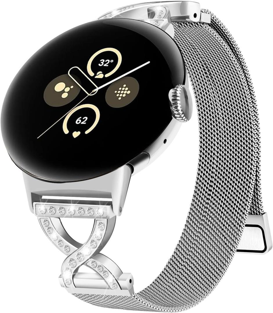 Metal Magnetic Band Compatible with Google Pixel Watch 4/3 41mm,Stainless Steel Dressy Mesh Loop with X-Shape Diamond Women for Google Pixel 4/3/2/1