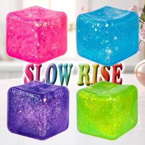 4Pack Glitter Squishy Cube, Nice Stress Cubes for Adults - Slow Rise Glitter Square Gel Stress Balls , Malt Sugar Stress Balls, Sensory Fidget Toys Squishys - Relieve Anxiety/Autism/ADD/ADHD