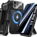 Goton 4in1 for iPhone 17 Pro Max Case with Belt Clip Holster, Privacy Tempered Glass Screen Protector & Camera Lens Protector, Compatible with MagSafe, Heavy Duty, Shockproof Phone Cover (Black)