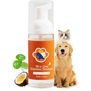 Organic Dry Shampoo for Dogs & Cats, Waterless No Rinse Foam, Relief Itchy & Sensitive Skin, Odour Control, Hydrates & Softens Coat - CICA & Probiotic, Made in Korea, 1.7fl oz/50ml