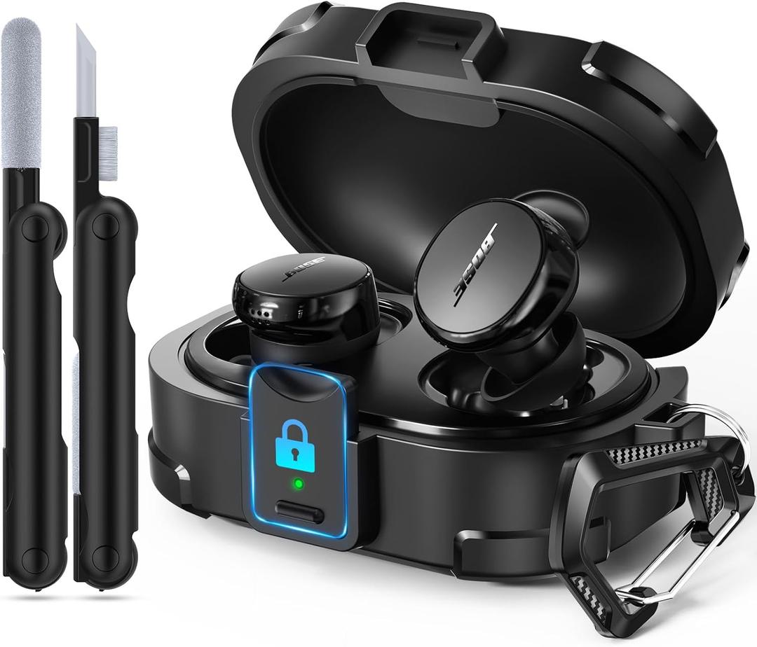 Safety Lock Case for Bose QuietComfort Earbuds Case(2024),Military-Grade Drop Protection Hard Case Cover for Bose New QuietComfort Bluetooth Earbuds with Cleaning Kit&Carabiner(Charger not Included) (Black)