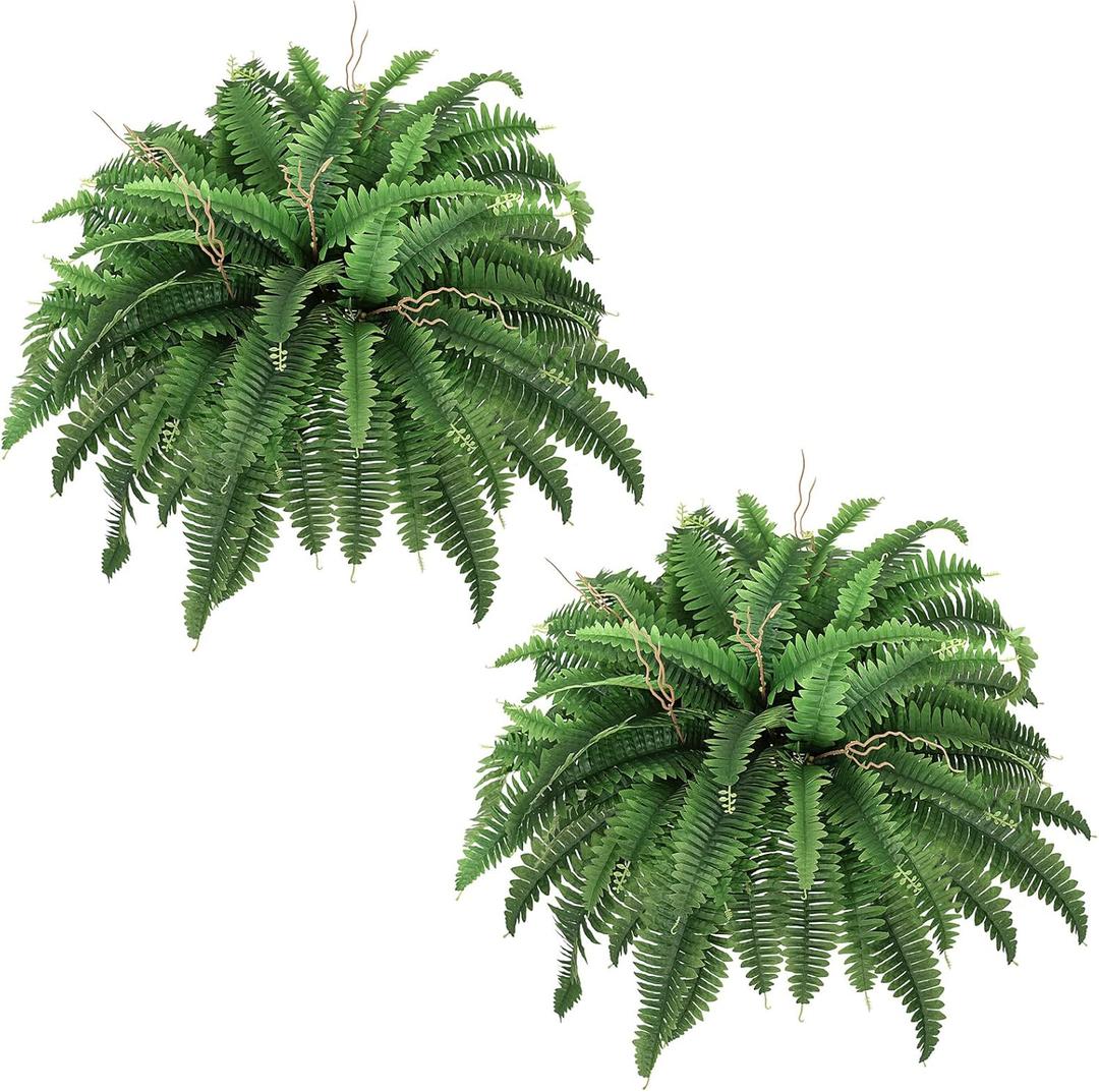 42 Artificial Boston Fern Bush Plant, 2 Faux Ferns for Outdoors Large, Fake Ferns Realistic Artificial Plants with 65 Fronds for Garden Porch Patio Home Office Living Room Decor Green