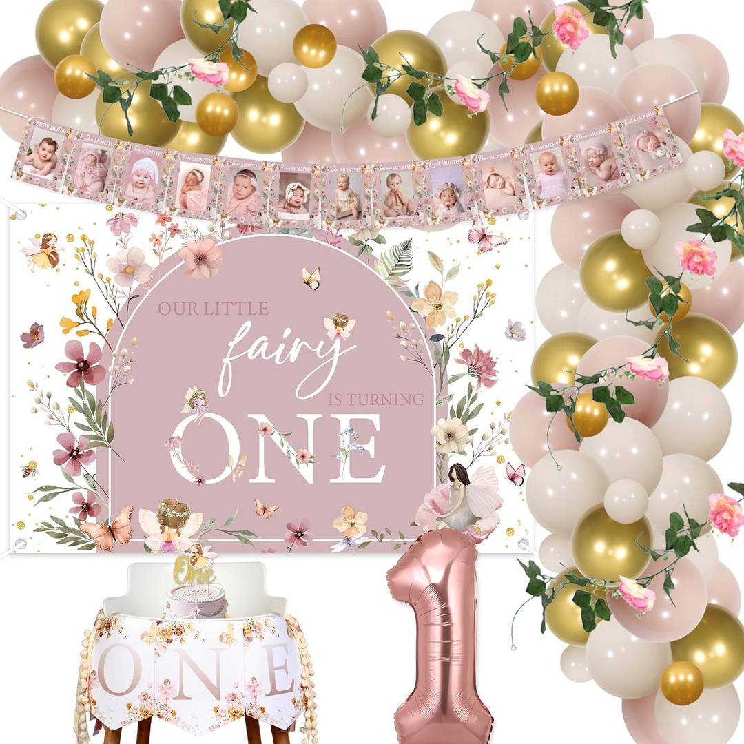 Fairy 1st Birthday Party Decoration Girl, Our Little Fairy is Turning One Backdrop Photo Banner Cake Topper High Chair Banner Boho Foil Balloon Garland Arch Kit Artificial Flowers Garland