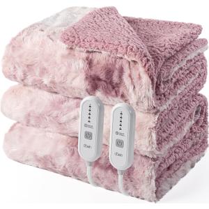 Dowin Electric Blanket King Size,100"x 90" Pink Heated Blanket Dual Controllers,Faux Fur & Sherpa, 5 Heating Levels & 10Hrs Auto Off, Over-Heat Protect, ETL, Machine Washable