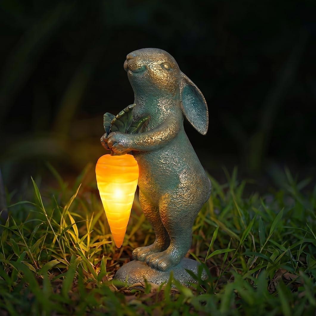 PETAFLOP Cute Garden Decor Bunny Statue with Solar Carrot, Outdoor Rabbit Figurines for Patio Balcony Lawn Porch Yard Decorations, Birthday Housewarming Gifts for Women Mom Grandma