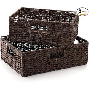TOPZEA 2 Pack Brown Wicker Storage Basket for Shelves, Hand Woven Paper Rope Shelf Basket, Pantry Organization Baskets with Handle, Decorative Closet Organizer Bins for Kitchen, Bathroom, Coffee Bar