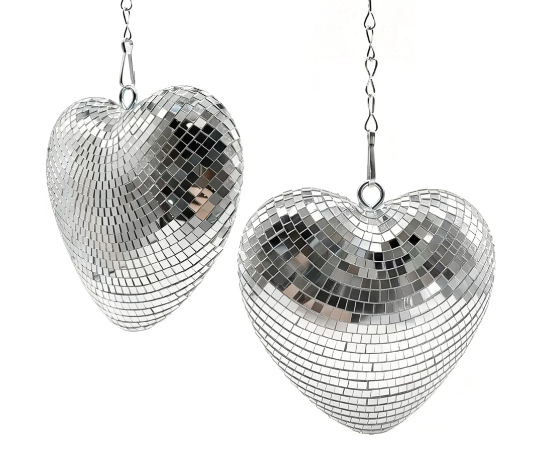 Heart Shaped Disco Ball Decor - 2 Pack 6 Inch Hanging Mirror Ball for Room Decor, Retro 70s Disco Party Decorations for Bachelorette, Wedding, Valentine’s Day, Birthday, Silver