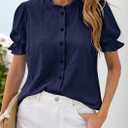 PRETTYGARDEN Womens Puff Short Sleeve Tops 2026 Summer Spring Button Down Boho Embroidered Cute Blouse Dressy Casual Shirts (Blue, L)