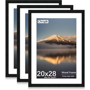 20X28 Poster Frame, Display Pictures 16X24 with Mat or 20X28 Without, Wall Hanging Frames, Black, 3 Pack