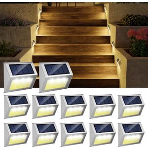 JSOT 12 Pack Solar Lights Outdoor Waterproof for Stairs Decor, Solar Deck Lights Stainless Steel Step Fence Patio Post Wall Lamp for Garden Pathway Walkway LED Lamp Light [Warm Light]