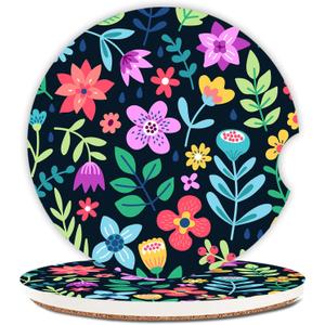 2 x Cute Flowers Ceramic Cup Holders - Pack of 2, Keep Cup Holders Clean and Dry, Drink Cup Car Holder Coasters with A Finger Notch