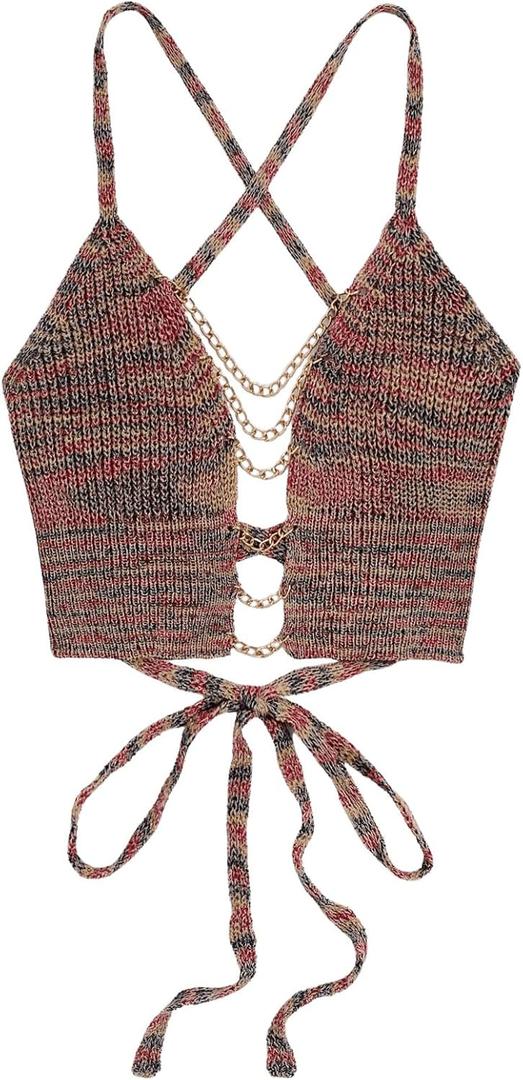 Floerns Women's Lace Up Backless Knitted Camisole Sleeveless Cropped Cami Tops (Brown Multi)