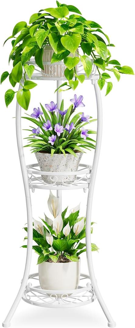 iDavosic.ly 3 Tier Tall Metal Plant Stand Indoor Outdoor, Wrought Iron Corner Flower Pot Holder Shelf, 34 Inch Vertical Display Rack for Patio Porch Living Room Garden, White