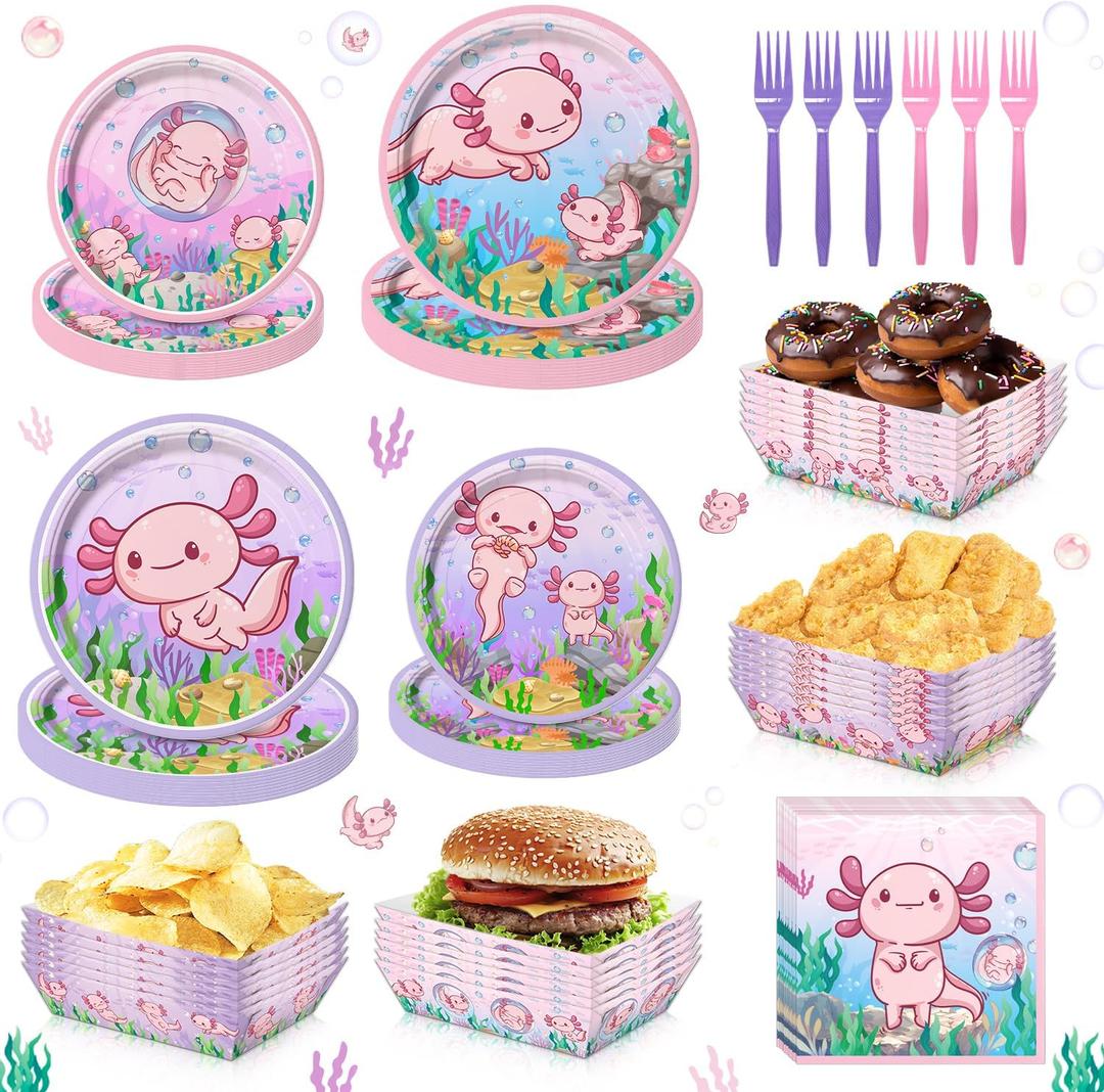 100PCS Pink Cartoon Axolotl Birthday Party Decorations, Axolotl Party Supplies Plates and Napkins Set, Axolotl Theme Paper Food Trays Large Food Serving Boats Disposable Snack Nacho Trays Baby Shower