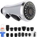 Hibbent Pull Down Kitchen Faucet Head Replacement, 3-Function Kitchen Faucet Head Sink Spray Nozzle with 15 Adapters Compatible with Moen, American Standard, Delta, Kohler Faucets, Chrome
