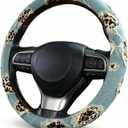 Distressed Denim Steering Wheel Cover for Women with Leopard Print & Bling Rhinestones, Universal Fit 14.5-15 Inch, Cute Jean Anti-Slip Fashion Car Accessories
