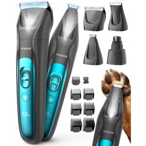 oneisall Quiet Dog Clippers for Grooming, LED Light Dog Paw Trimmer Dog Nail Grinder, Rechargeable 2000mAh Dog Grooming Clippers Cordless Dog Hair Trimmer Electric Dog Trimmer for Paw, Nail, Body (Standard)