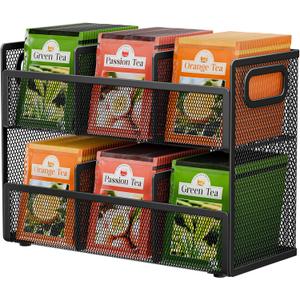 2 Tier Tea Bag Organizer, Mesh Tea Bag Holder with Handle, Teabag Holder, Tea Station Organizer for Countertop, Pantry, Kitchen, Cabinet -Black